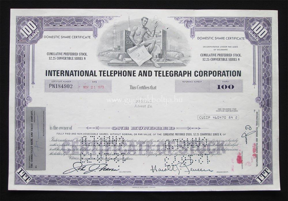 International Telephone and Telegraph (ITT) 100 elsőbbségi részvény 1973
